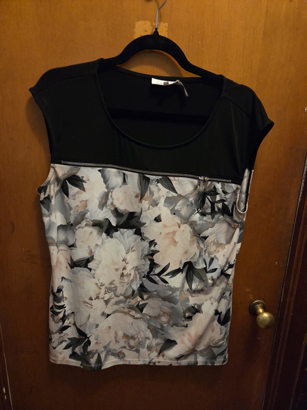 Calvin Klein Black Yoke Floral Zip-Trim Sleevess Top